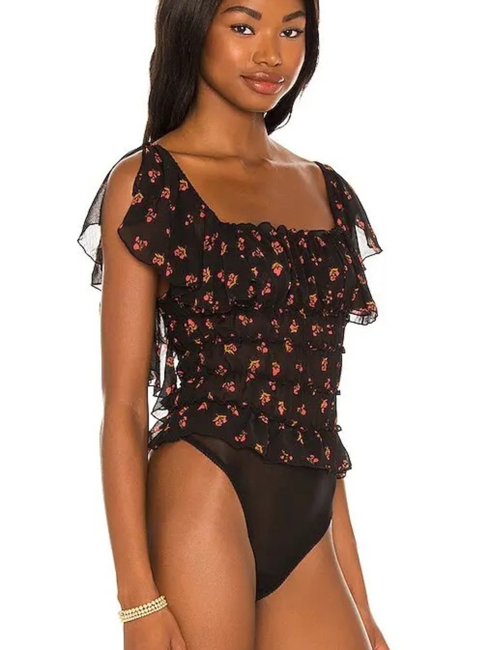 NWT Free People Women’s Black Floral Ruffled Bodysuit
